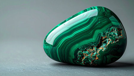 A beautifully polished malachite gemstone rests on a serene gray background. Its deep green bands and swirls tell a story of natural formation, while its glossy surface reflects a soft light, creating a sense of calm and elegance.の素材