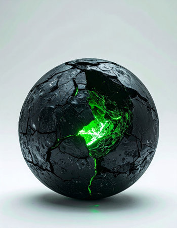 A dark, rocky sphere cracks under immense internal pressure, revealing a powerful and mysterious green energy core. This glowing nucleus radiates with untold potential, hinting at ancient magic, alien technology, or a new form of unstable power waiting to be unleashed.の素材