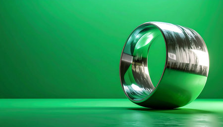 A perfectly polished chrome sphere rests on a vibrant green surface, its reflective nature capturing and distorting the world around it. This minimalist composition evokes themes of modern technology, future innovation, and the clarity of a singular focus, with ample copy space for text.の素材