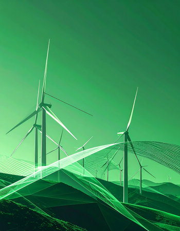 A conceptual image illustrating the future of sustainable power, where wind turbines on rolling hills are integrated with a flowing digital energy grid. This represents the seamless connection between renewable resources and advanced smart technology, symbolizing innovation in clean electricity and data-driven efficiency.の素材