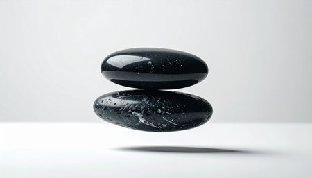 Two perfectly smooth, black stones defy gravity, floating in a state of perfect equilibrium. Their flawless reflection on a serene white surface creates a powerful symbol of inner peace, focus, and the quiet magic of finding balance in a chaotic world.の素材