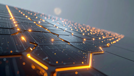 A close-up view of a futuristic energy grid, where streams of luminous orange data flow through complex circuits. This advanced technological surface represents the seamless transfer of information and power, symbolizing concepts of innovation, connectivity, and the digital future.の素材