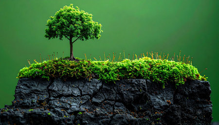 A single, vibrant miniature tree stands resiliently on a floating block of earth and moss. This minimalist diorama represents concepts of growth, hope, and the delicate balance of nature, perfect for themes of environment, sustainability, and new beginnings.の素材