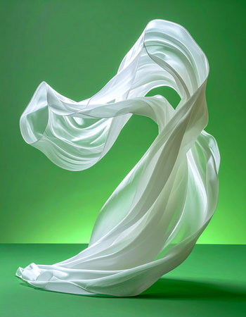 A piece of pure white, translucent fabric is captured mid-air, frozen in a moment of graceful, dance-like motion. Its elegant folds and curves create a dynamic, sculptural form against a vibrant green background, evoking a sense of freedom, lightness, and ethereal beauty.の素材