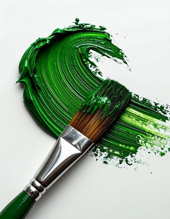 A single, deliberate stroke of rich, vibrant green paint marks the beginning of a new creation. This macro shot captures the thick texture and glossy sheen of the wet paint, symbolizing a moment of pure artistic inspiration and the start of the creative process.の素材