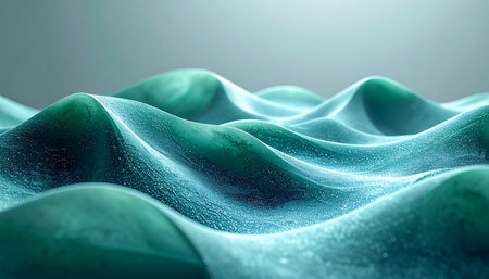 A mesmerizing 3D rendering of a viscous teal liquid surface. Gentle, undulating waves flow smoothly, creating an organic and tranquil pattern. This abstract background evokes a sense of calm energy, ideal for scientific, technological, or wellness concepts.の素材