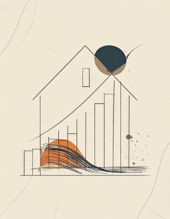 A minimalist line drawing captures the essence of modern architecture. Abstract shapes and dynamic lines converge to form a conceptual house, blending artistic expression with structural design on a textured, neutral background.の素材
