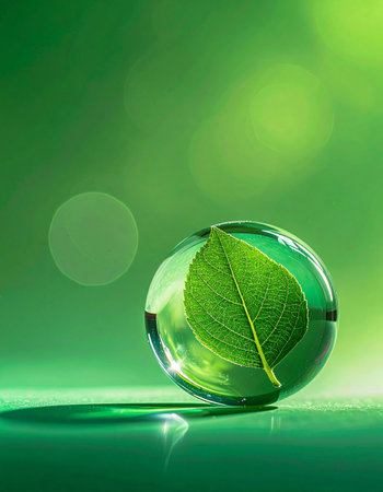 A single, perfect green leaf is delicately preserved within a flawless crystal sphere, symbolizing the preciousness and fragility of nature. This image represents concepts of environmental protection, sustainability, and the pure essence of life held in a protective bubble, against a serene green backdrop.の素材