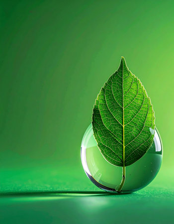 A single, vibrant green leaf is delicately preserved within a crystal-clear sphere, symbolizing the fragility and preciousness of nature. This minimalist composition on a clean green background represents concepts of sustainability, environmental protection, and a hopeful vision for a green future.の素材