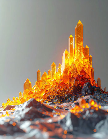 A miniature city of glowing citrine crystals emerges from a dark, rocky landscape. This magical formation radiates a warm, powerful energy, suggesting a hidden world of fantasy, wealth, and untold power.の素材