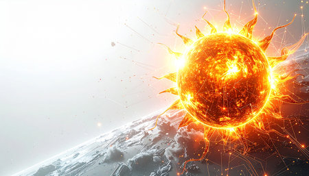 A star unleashes a cataclysmic solar flare, its immense energy scorching the surface of a nearby alien planet. This dramatic cosmic event illustrates concepts of immense power, celestial danger, and the potential end of a world, serving as a powerful visual for themes of climate change, apocalypse, or astronomical phenomena.の素材