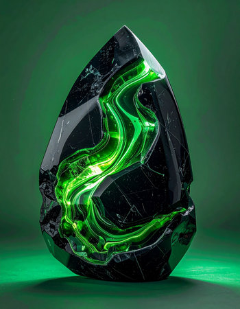 A mysterious, dark crystal pulses with an inner green light. Within its polished depths, a vibrant nebula of energy swirls, hinting at ancient magic, otherworldly power, or a secret waiting to be unlocked. This is a treasure of immense and unknown potential.の素材