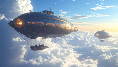 A fleet of magnificent steampunk airships embarks on a grand voyage, breaking through a sea of clouds as the morning sun rises on the horizon. Passengers in the gondola witness a breathtaking new world, symbolizing a journey into the future, exploration, and the dawn of a new era of discovery.の素材