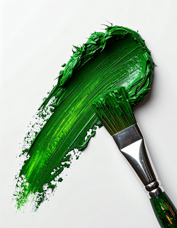 A single, decisive stroke of vibrant green paint marks the beginning of a new creation. The thick, textured acrylic or oil paint is rich with potential, capturing the energy and inspiration of the artistic process on a clean white canvas.の素材