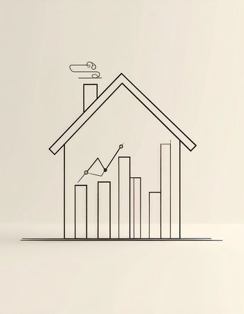 A minimalist line art illustration showing a house with a rising bar chart and growth arrow inside. This conceptual drawing represents a booming real estate market, increasing property values, and successful housing investments.の素材