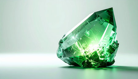 A magnificent raw emerald rests on a clean, reflective surface, its natural facets catching and refracting a soft, ethereal light. The gemstone glows from within, revealing deep green hues and internal complexities, symbolizing purity, natural wealth, and hidden power.の素材