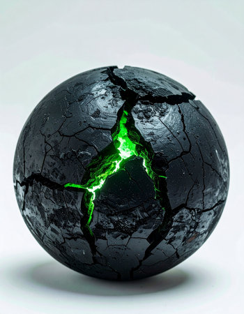 A mysterious black sphere, like a dormant planet or ancient artifact, cracks under immense internal pressure. A vibrant, otherworldly green light bursts forth from its core, symbolizing a powerful birth, a dangerous discovery, or the release of immense, untapped energy.の素材
