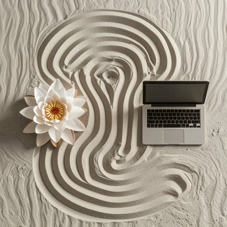 In a serene zen garden, swirling patterns in the sand create a space for both modern work and natural tranquility. A sleek laptop sits in harmony with a delicate lotus flower, symbolizing the perfect balance between digital connectivity and mindful peace in todays fast-paced world.の素材