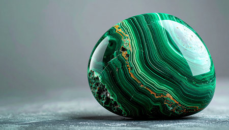A close-up of a beautifully polished malachite stone reveals its deep green, swirling bands and concentric patterns. Resting on a cool, textured gray surface, the lustrous gemstone evokes a sense of natural elegance, calm energy, and earthy luxury, perfect for concepts of healing, spirituality, and geology.の素材