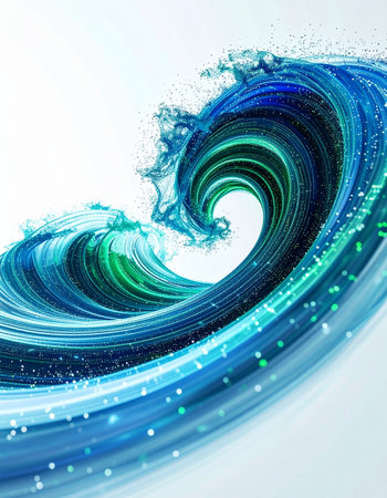A powerful, stylized ocean wave curls into a perfect spiral, its dynamic form captured in vibrant shades of blue and green. Glistening particles dance within the translucent water, creating a sense of magical energy and fluid motion against a clean white background. This abstract illustration embodies the concepts of flow, power, and natural beauty.の素材