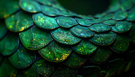 A detailed macro view of ancient emerald serpent scales, shimmering with an otherworldly iridescence. This fantasy texture evokes a sense of myth, magic, and untamed power, perfect for backgrounds related to legends or gaming.の素材
