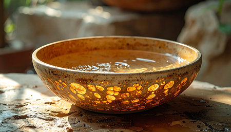 In the quiet morning, a handcrafted ceramic bowl catches the first rays of sun. Filled with clear, still water, its unique amber pattern glows with a warm, inviting light, creating a moment of pure serenity and simple, natural beauty.の素材