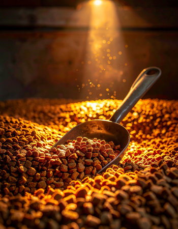A dramatic ray of golden light illuminates a metal scoop resting in a large pile of freshly roasted coffee beans. The warm, inviting scene captures the artisanal process of coffee making, highlighting the rich aroma and premium quality of the beans, ready for the perfect morning brew.の素材