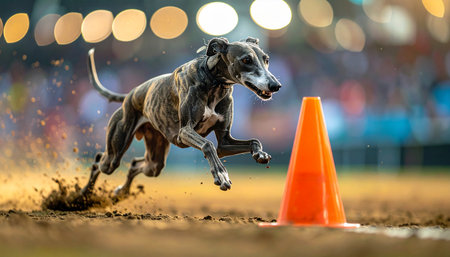 With explosive power and intense focus, an athletic greyhound bursts from the starting line, kicking up dirt as it navigates an agility course. Every muscle is defined in this dynamic display of speed and precision, capturing a moment of pure determination under the bright arena lights.の素材