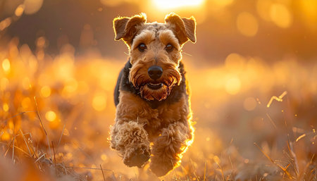 An energetic Airedale Terrier joyfully runs through a sun-drenched meadow during the magical golden hour. The warm, glowing light creates a beautiful bokeh background, highlighting the dogs happy expression and capturing a perfect moment of pure, unbridled freedom and companionship.の素材