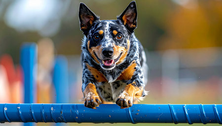 With intense focus and boundless energy, a talented Australian Cattle Dog soars over a jump during an agility trial. This image captures the peak of canine athleticism, precision, and the joyful spirit of a working breed excelling in its element.の素材