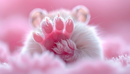 A tiny, fluffy white creature rests in a dreamy landscape of soft pink clouds. Its delicate paw, with translucent pink pads, reaches out, a symbol of innocence, gentleness, and pure comfort. This whimsical scene evokes a sense of warmth, tenderness, and serene fantasy.の素材