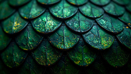 A detailed macro view of ancient, emerald green dragon scales, revealing a cracked and weathered texture. This powerful and mysterious pattern evokes a sense of fantasy, magic, and mythical strength, perfect for fantasy backgrounds or abstract concepts.の素材