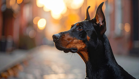 A noble Doberman Pinscher stands alert in a profile portrait against the warm, glowing bokeh of a city street at sunset. The golden hour light highlights its sleek coat and intelligent expression, conveying a sense of loyalty, protection, and calm vigilance in an urban setting.の素材