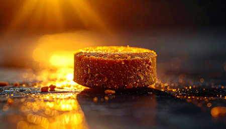 A single, perfectly crafted cookie sits in a dramatic spotlight of warm, golden light, its textured surface glowing with heat. This is a moment of culinary creation, a gourmet masterpiece fresh from the oven, promising indulgent flavor and artisanal quality.の素材