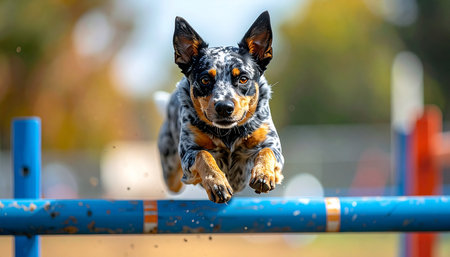 With intense focus and explosive power, an athletic Australian Cattle Dog soars effortlessly over a blue hurdle. This image captures a moment of peak performance and dedication during an agility training session, symbolizing speed, precision, and achievement.の素材