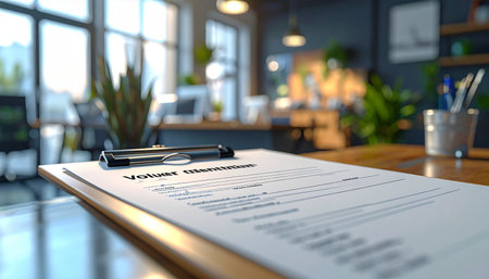A clipboard with an important application form rests on a wooden desk, awaiting review or a final signature. The blurred modern office in the background suggests a professional setting, symbolizing a moment of decision, opportunity, and the start of a new career or business venture.の素材