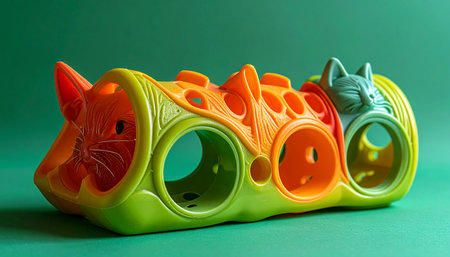 A vibrant, multi-colored cat enrichment toy sits ready for playtime against a solid green background. Its intricate design with multiple openings promises hours of stimulating fun and puzzle-solving for a curious feline, encouraging natural hunting instincts in a safe and engaging way.の素材