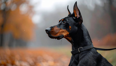 A noble Doberman Pinscher stands alert and watchful during a quiet walk in a misty autumn park. With a focused gaze, this loyal companion embodies strength, intelligence, and unwavering dedication, its sleek profile set against a soft background of fall colors.の素材