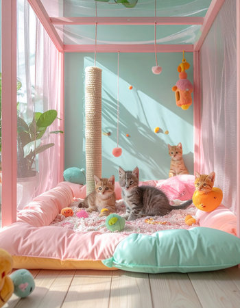 In a sun-drenched room filled with soft pastel colors, a litter of curious tabby kittens explores their whimsical playpen. Surrounded by cozy pillows and playful toys, they enjoy a safe and gentle morning, embodying the pure innocence and joy of new life.の素材