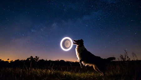 A skilled dog leaps through the twilight, its silhouette framed against a sky full of stars. In a moment of perfect timing and playful energy, it catches a luminous frisbee, creating a magical ring of light in the darkness. This image captures the joy of a game that transcends day into night.の素材