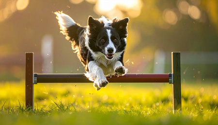 Bathed in the warm glow of a setting sun, an intelligent Border Collie demonstrates perfect form and focus, effortlessly clearing an agility hurdle. This moment captures the peak of athletic performance, the joy of movement, and the strong bond between a dog and its training, symbolizing dedication, skill, and success.の素材