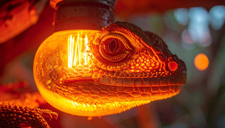 A creative and unique lizard-shaped lamp casts a warm, inviting glow. The intricate details of the reptiles head are highlighted by the vintage Edison bulb filament, creating a cozy and slightly mysterious ambiance perfect for modern or eclectic interior design concepts.の素材