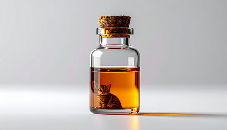 A single apothecary bottle, sealed with a cork, holds a precious golden elixir. Bathed in clean light against a minimalist background, its contents hint at ancient alchemy, natural remedies, or a secret, potent serum waiting to be discovered.の素材