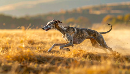 A brindle greyhound, a blur of muscle and grace, sprints across a vast meadow bathed in the warm, golden light of a setting sun. Each stride is powerful and focused, embodying pure freedom and the joy of movement in a serene, natural landscape.の素材