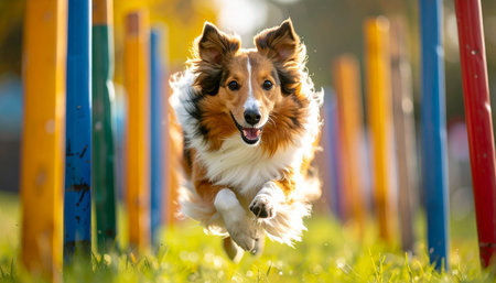 With focused eyes and a joyful expression, a beautiful Shetland Sheepdog masterfully navigates the colorful weave poles of an agility course. The late afternoon sun highlights its flowing fur, capturing a moment of pure speed, grace, and athletic prowess in this popular canine sport.の素材