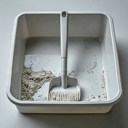 A top-down view captures the daily, essential task of maintaining a clean environment for a beloved pet. A scoop rests in a modern litter box, ready to sift through the clumping litter, highlighting the responsibility and routine of pet care and household hygiene.の素材