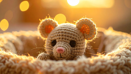 A small, lovingly handmade crochet mouse peeks out from its soft, warm nest. Bathed in the gentle glow of golden hour sunlight, the scene evokes a sense of peace, comfort, and the simple joys of a cozy home.の素材