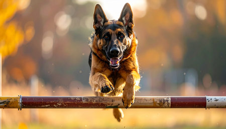 With intense focus and powerful grace, a German Shepherd soars over an agility hurdle during a training session. The warm, golden light of an autumn afternoon illuminates its athletic form, capturing a perfect moment of determination, skill, and the joyful spirit of a canine athlete in action.の素材