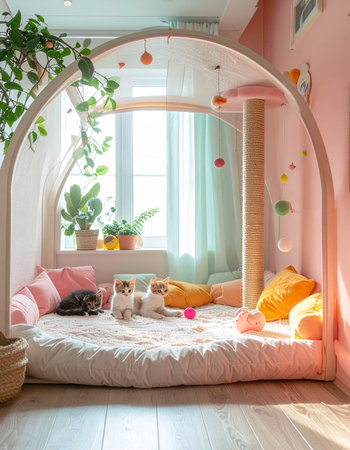 In a beautifully designed, sun-drenched nook, three adorable kittens find their personal paradise. This cozy, modern sanctuary, with its soft pink walls and lush plants, is the perfect spot for rest and play, embodying the ideal pet-friendly home.の素材