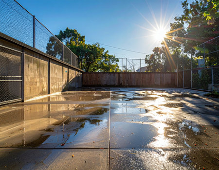 The morning sun bursts over the fence, casting a brilliant flare across a freshly washed concrete patio. Puddles from a recent rain reflect the clear blue sky, creating a scene of urban renewal and a bright, clean start to the day.の素材